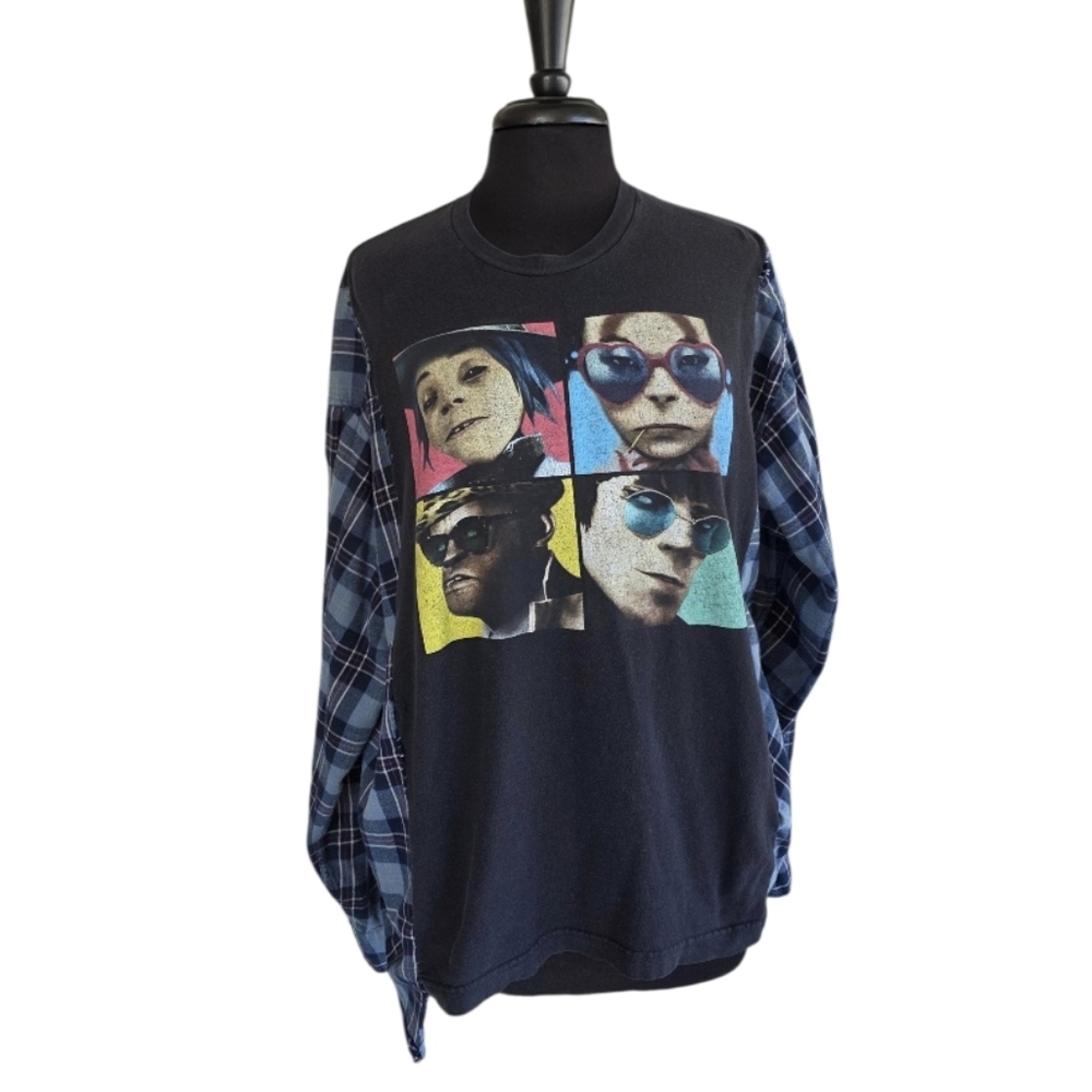 Gorillaz Band Tee Upcyled Plaid Long Sleeves Women's Top - Black and Blue